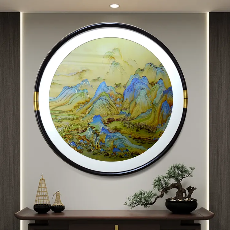 万里长城绣雕画圆形玄关装饰画新中式走廊挂画千里江山鸿运当头