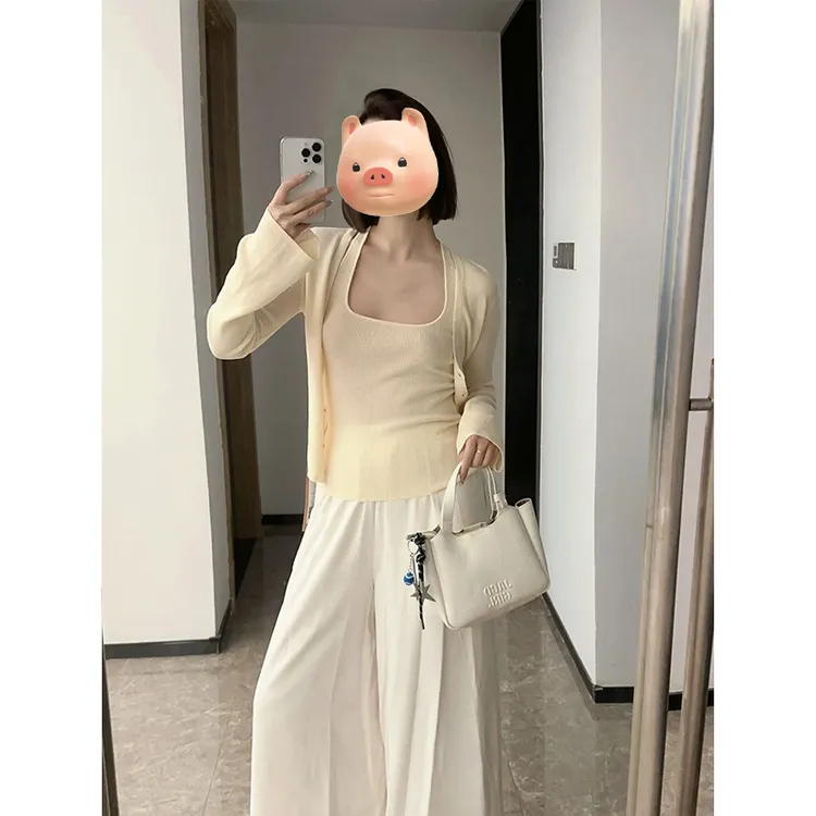 开春穿搭一整套2025早春季女装黄色针织开衫叠穿吊带背心两件套装