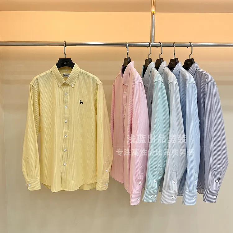 学院风！清新竖条纹！牛津纺！新款男士时尚廓形尖领长袖衬衫