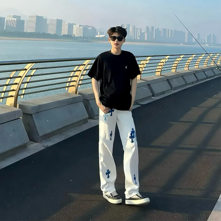 痞帅高街vibe男女同款十字架牛仔裤男款秋季美式cleanfit白色裤子