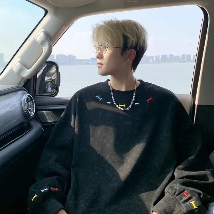 小众设计感刺绣圆领卫衣男秋冬加绒加厚潮牌扎染重磅宽松情侣外套