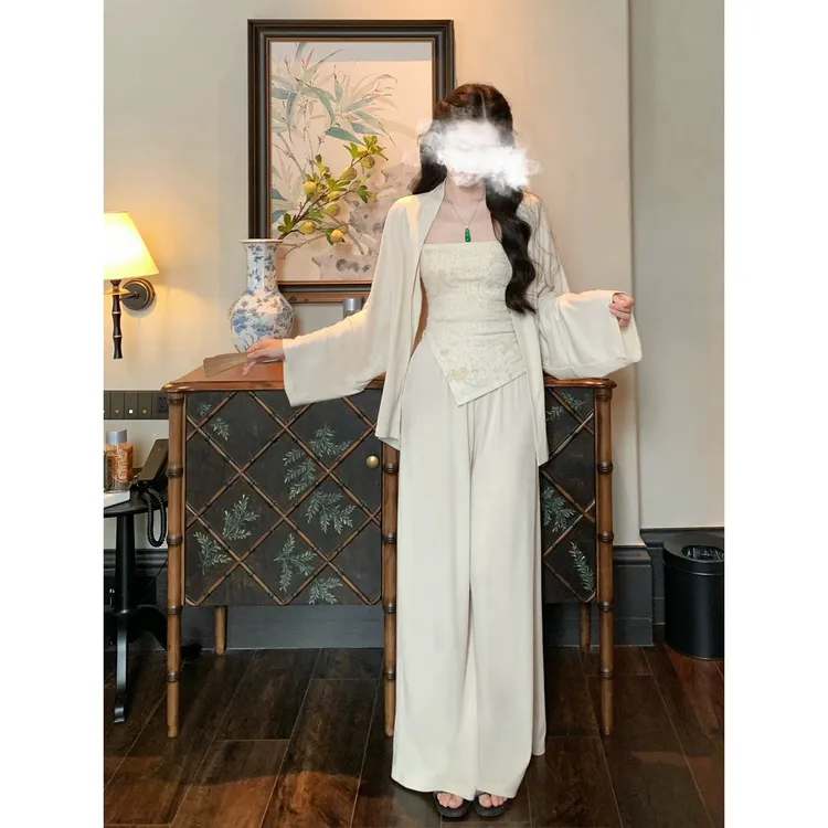 蔡蔡家【玉瑶】新中式不规则气质温柔风抹胸开衫裤子套装