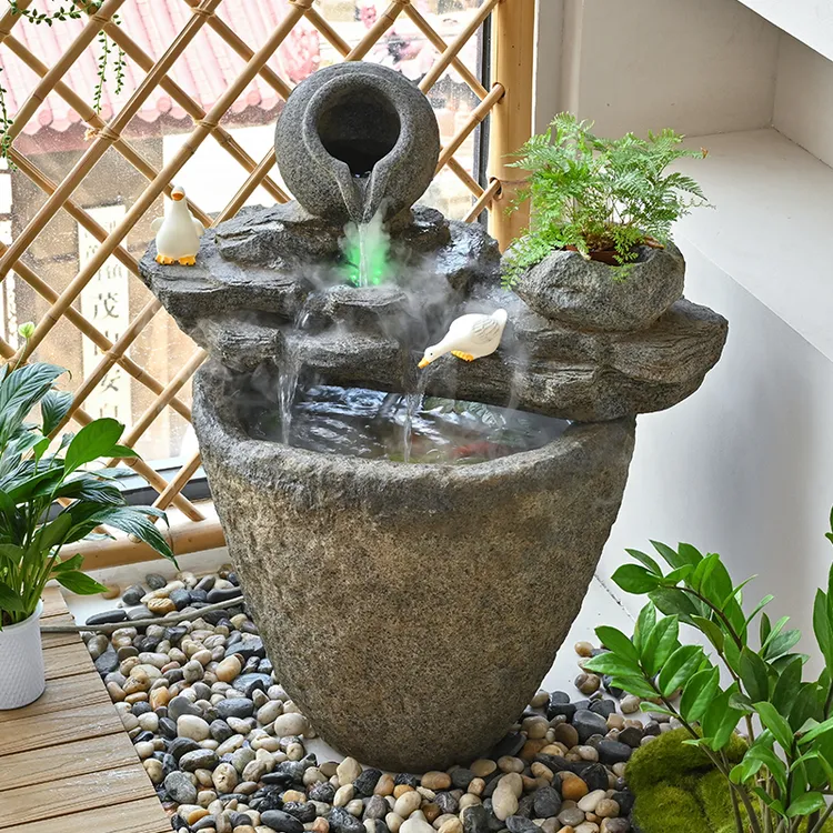 新中式田园循环水复古鱼缸禅意摆件阳台庭院茶室家居空间装饰摆件