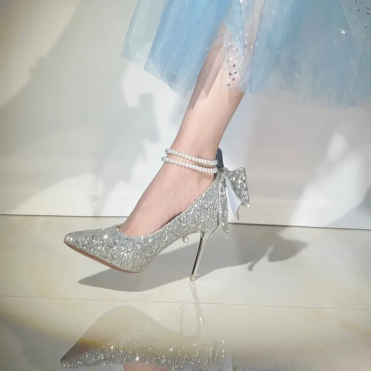情人节礼物送女友18岁成人礼加冕仙女主婚鞋蝴蝶结细跟尖头高跟鞋