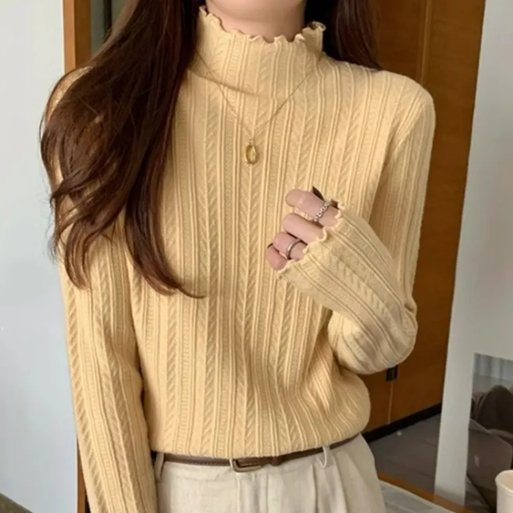 半高领木耳边针织衫2025春季新款韩系显瘦修身长袖打底上衣女ins