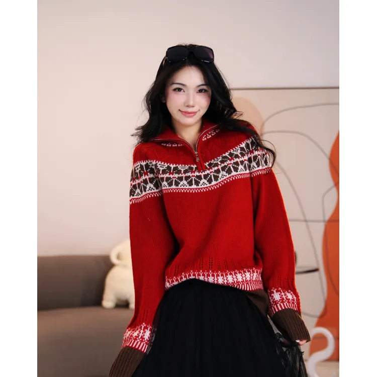 SANI绵羊毛新年圣诞氛围感宽松显瘦半拉链有领毛衣69D121MY0358