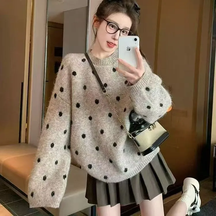 秋冬新款法式宽松小个子慵懒风波点圆领毛衣女显瘦休闲内搭针织衫
