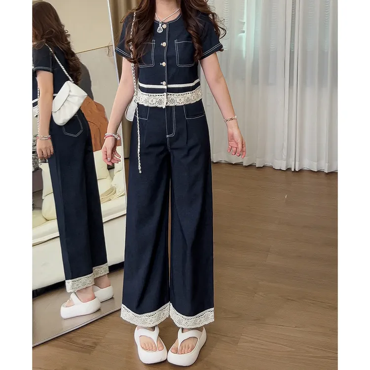 0683小香风牛仔套装2025年夏季新款蕾丝拼接显瘦短袖阔腿裤两件套