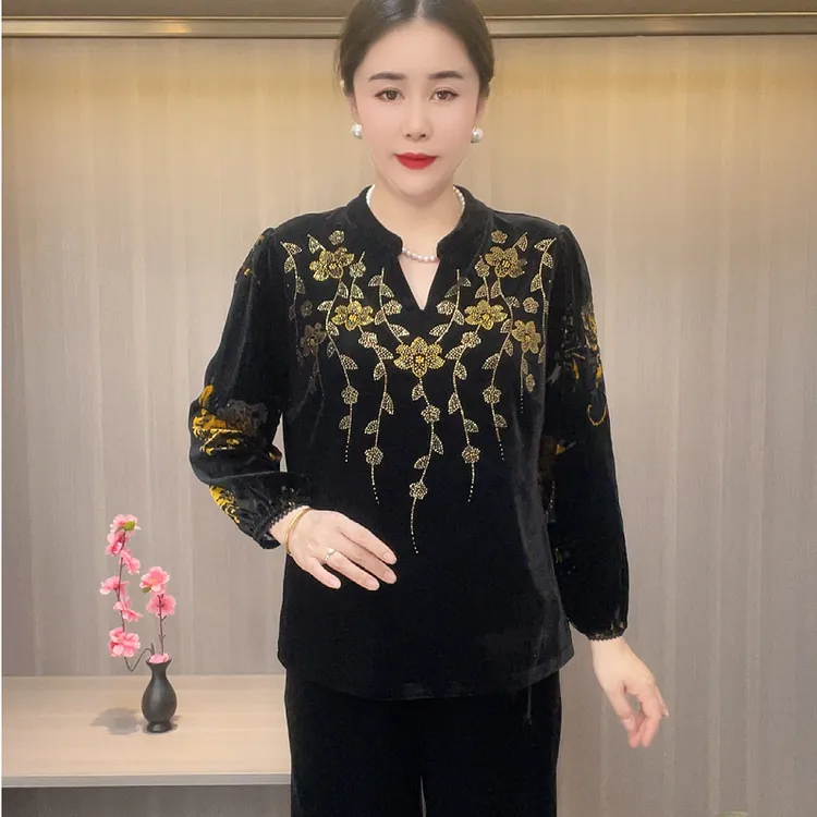2025新款V领秋季长袖时尚中老年女装百搭气质薄款洋气妈妈装