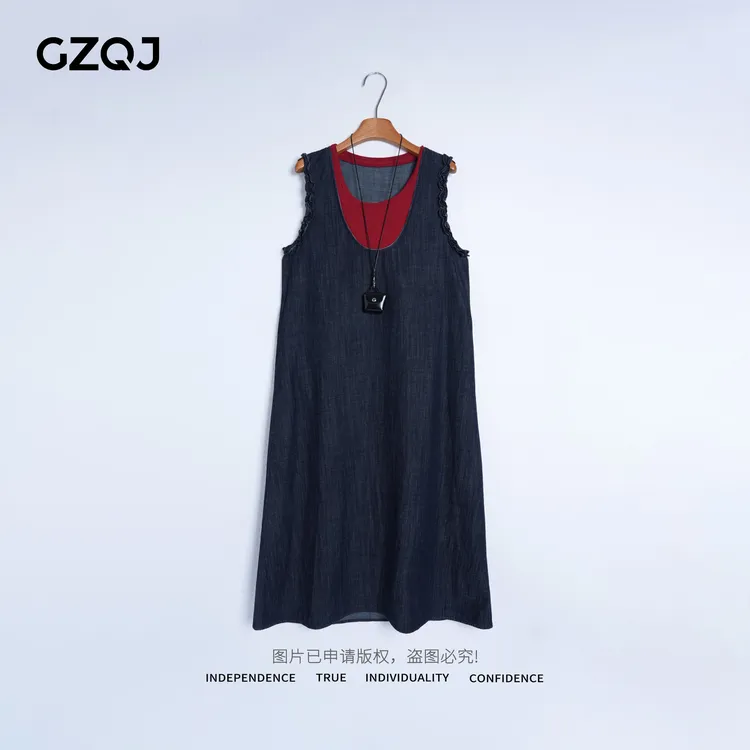 老琴私服【绯领蓝调】欧若风复古休闲背心假两件无袖牛仔连衣裙3039