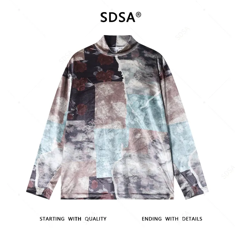 SDS秋冬新款痞帅男装潮牌时尚绒面撞色半高领长袖T恤百搭时尚上衣