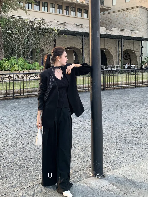 YUJIAHAN「高智感」黑色毛呢无领西装宽松女秋冬通勤休闲气质外套