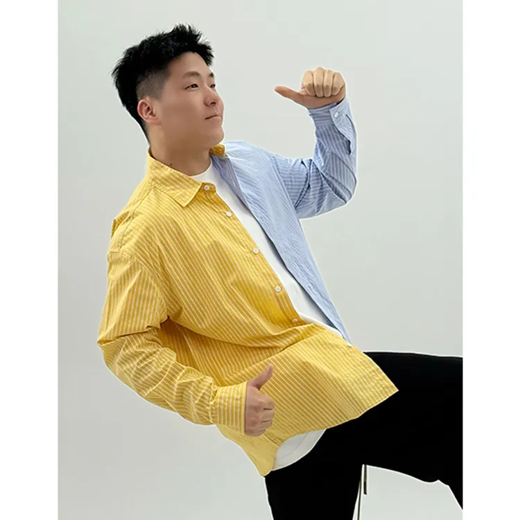 ON FLOW设计款新款衬衫条纹撞色拼接免烫修身纽扣休闲翻领学院风