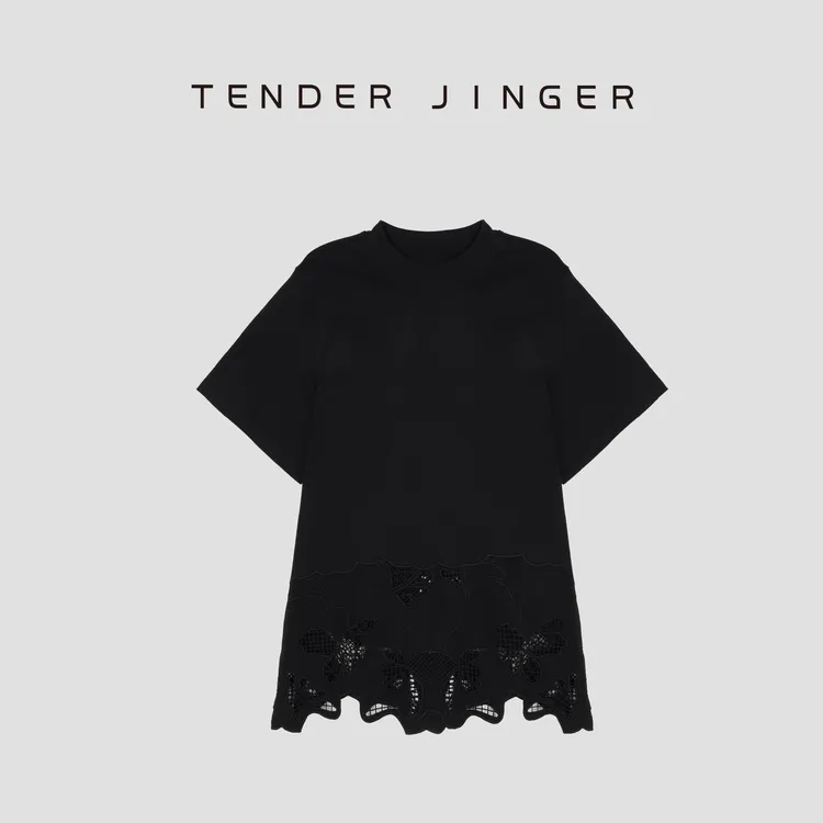 Tender Jinger【专柜】亚麻拼接下摆镂空T恤T52FCC30844