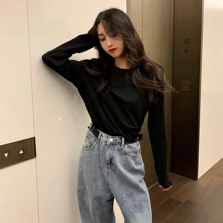 长袖t恤女黑色打底衫女春秋2025新款宽松圆领纯棉内搭超火上衣ins