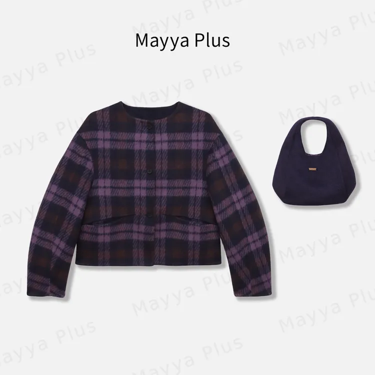 【艺术馆】Mayya Plus麦芽定制撞色格纹圆领双面羊毛外套女32547838