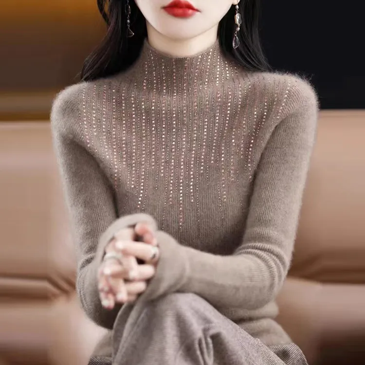 100纯羊毛衫女秋冬新款修身显瘦内搭镶钻羊绒打底衫加厚针织毛衣