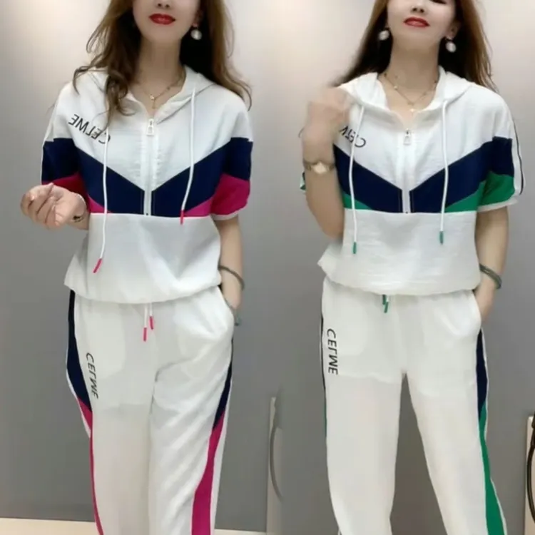 休闲夏季新款拼色运动套装减龄两件套宽松短袖连帽时尚显瘦套装潮