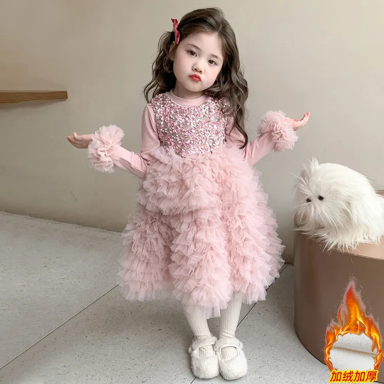 女童连衣裙冬装加绒儿童裙子蛋糕公主裙2025新宝宝生日礼服蓬蓬裙