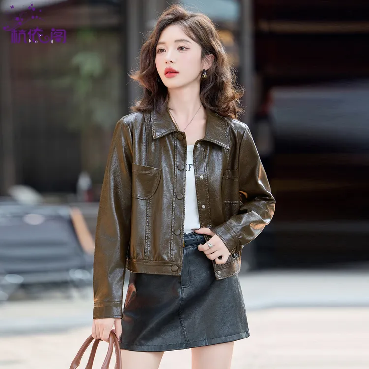 皮衣外套女短款2025秋季新款酷飒风复古气质休闲翻领PU皮机车夹克