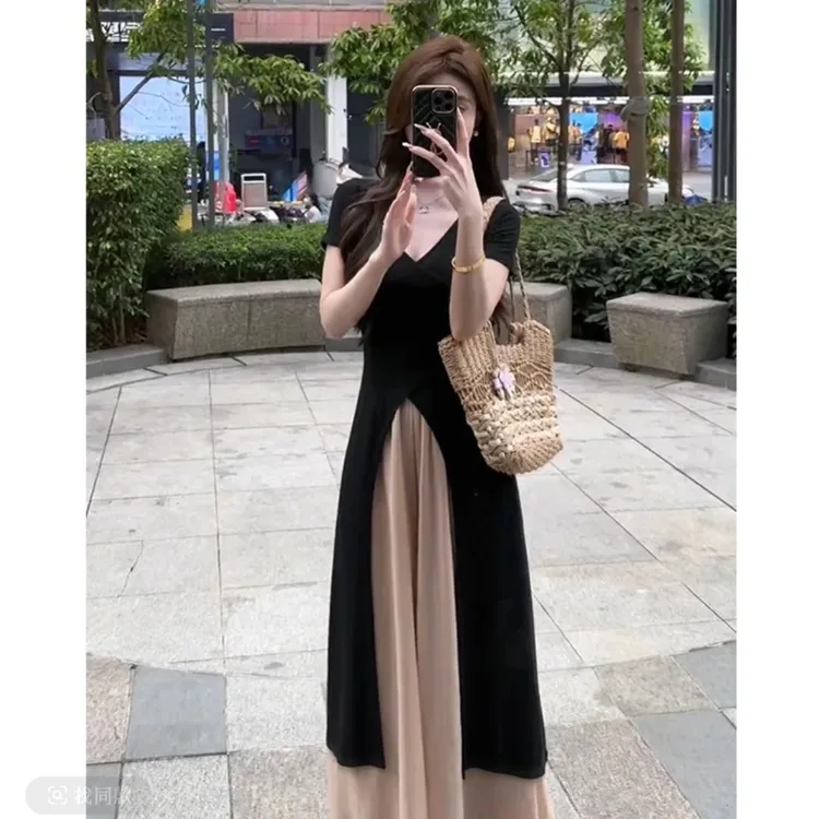 大码微胖套装夏款显瘦黑色上衣开叉韩版阔腿裤两件套459002#