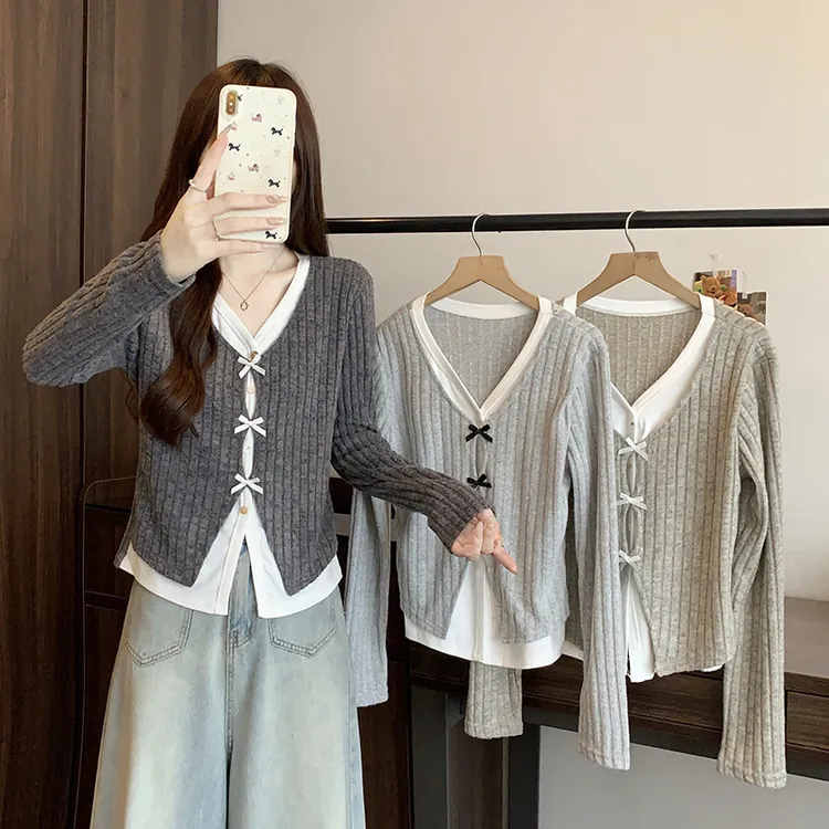 2025秋装新款胖mm大码女撞色假两件立体蝴蝶结长袖针织上衣36220