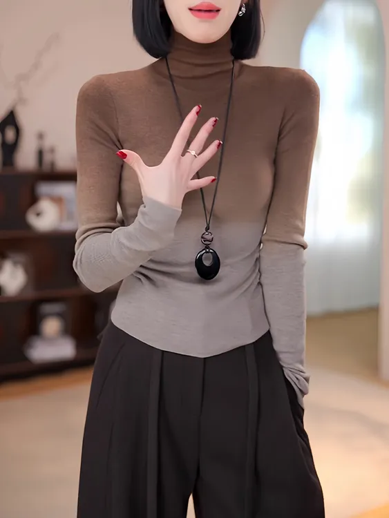 高级感渐变色堆堆高领针织衫女2025秋冬新款时尚打底百搭晕染上衣