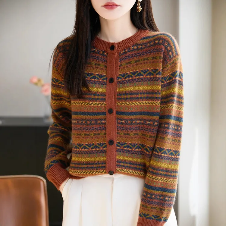 法式高端费尔岛提花针织开衫女巨好看毛衣外套2025新加厚保暖打底