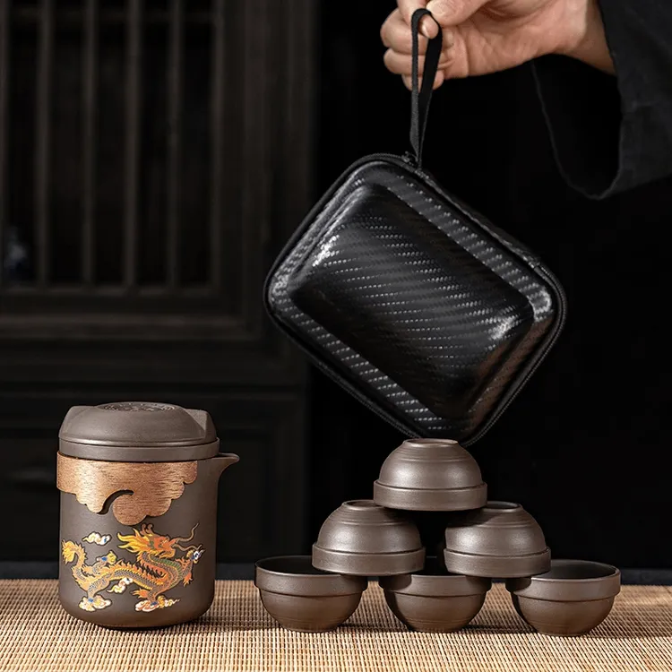 龙凤呈祥变色紫砂壶原矿朱泥带茶滤茶杯大容量泡茶壶便携旅行茶具