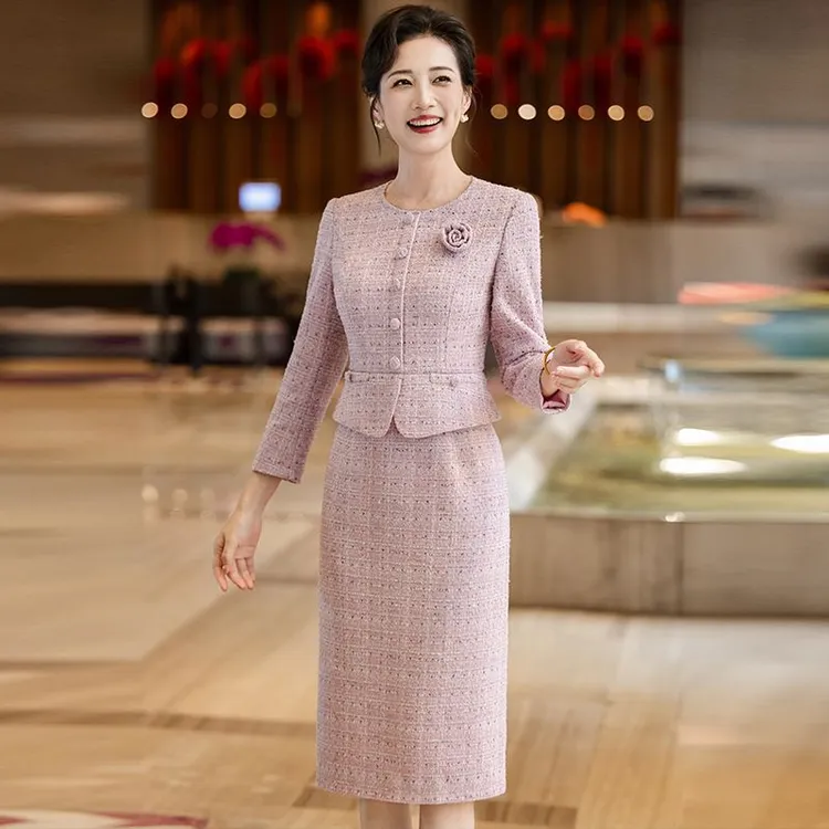 秋装宴会晚礼服小香风婚庆婚宴妈妈喜婆婆修身假两件连衣裙粉色