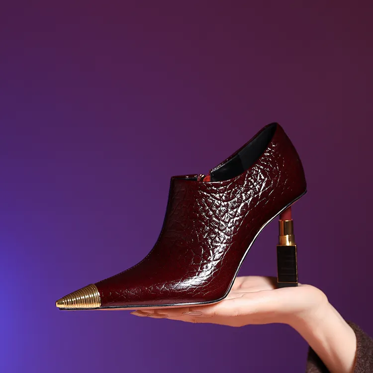 酒红色尖头单鞋细跟真皮时尚深口女鞋秋冬季新款时髦小踝靴百搭