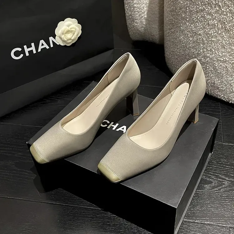 秋日新品~bamiti名媛风法式方头绝美拼接设计高级感粗跟高跟鞋