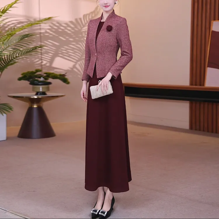 冬季羊毛裙酒红撞色修身显瘦大摆连衣裙长裙优雅气质假两件1976