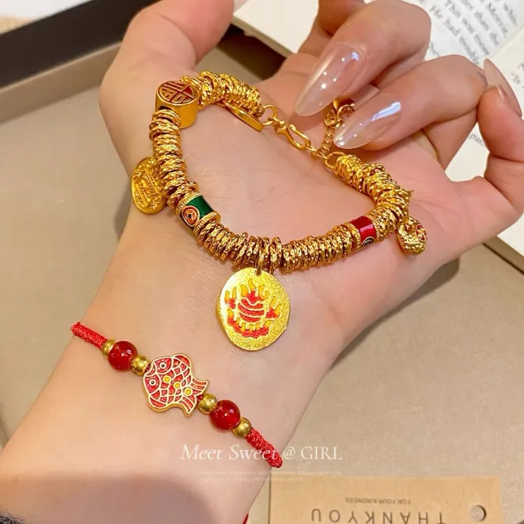 合金树脂手链 韦雪同款烧蓝珐琅黄财神小胖福盘缠手链女吉言五路