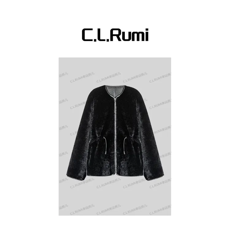 【Rumi精选】“黑桃”25冬季轻奢抽绳圆领羊皮毛一体皮草大衣7415wt