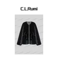 【Rumi精选】“黑桃”25冬季轻奢抽绳圆领羊皮毛一体皮草大衣7415wt