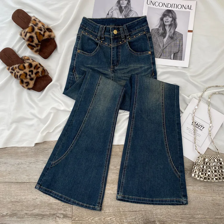 设计感小众微喇牛仔裤女2025年秋冬加绒新款高腰小个子喇叭马蹄裤