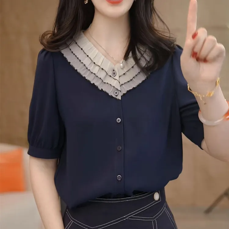 【小陈甄选】8592975藏青色短袖衬衫女设计感小众气质宽松洋气