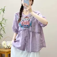 【清货+运费险】民族棉麻刺绣上衣宽松中式盘扣文艺娃娃开衫Y326