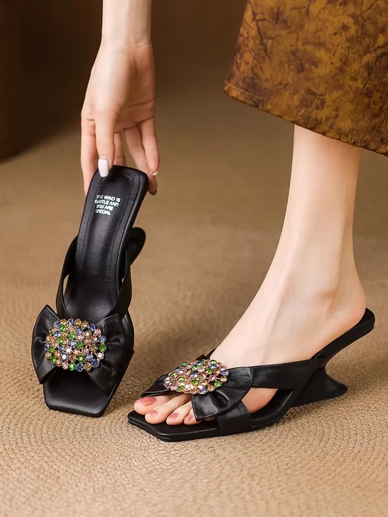 陈小朵|6cm法式绝美蝴蝶结水钻鱼嘴凉拖鞋女夏外穿高跟坡跟大码4