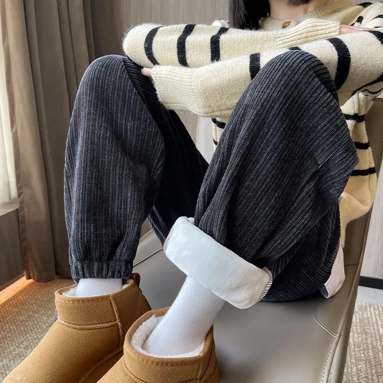 加绒运动裤女2024秋冬新款休闲灰色雪尼尔加厚束卫裤灯芯绒裤子