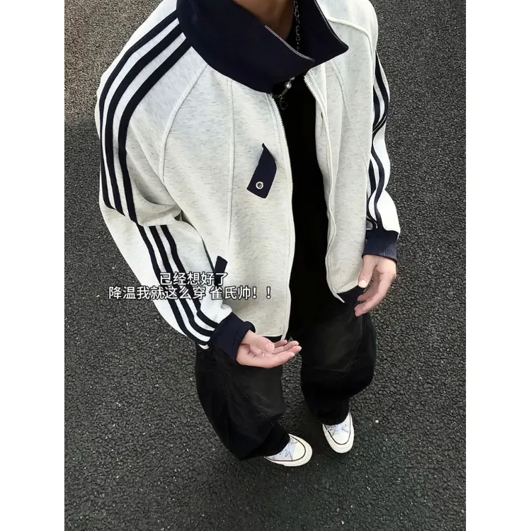 美式拼接运动卫衣男女秋季重磅潮牌三条杠情侣外套宽松棒球服夹克
