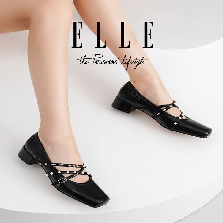ELLE甜酷方头芭蕾舞单鞋小众铆钉绑带玛丽珍鞋粗跟浅口通勤女鞋子