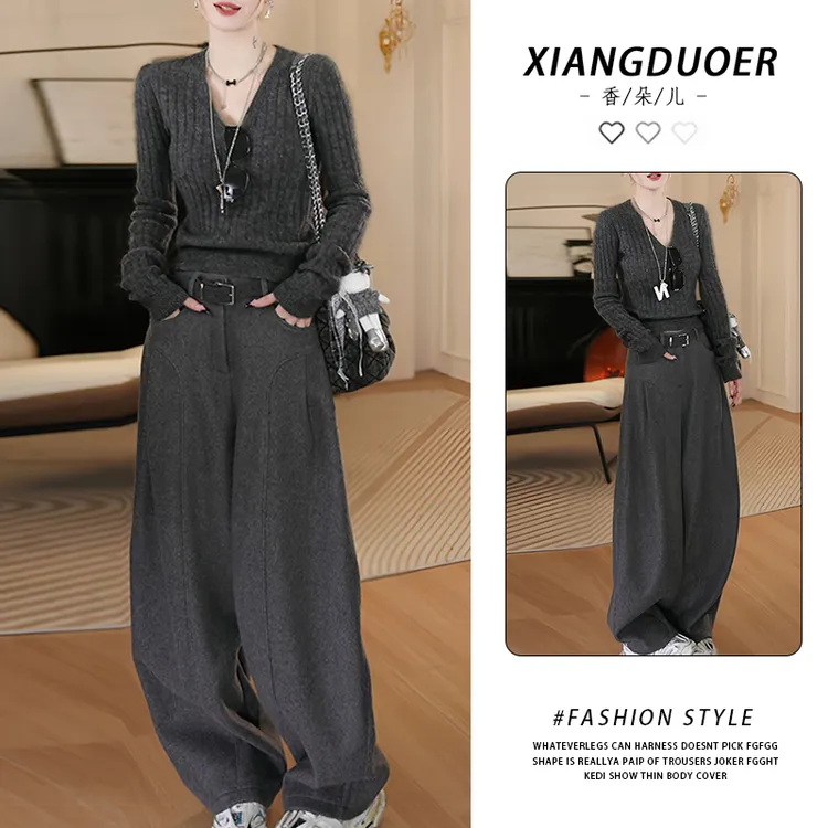 新款复古慵懒时尚套装女2025冬季休闲韩式上衣高腰阔腿裤两件套
