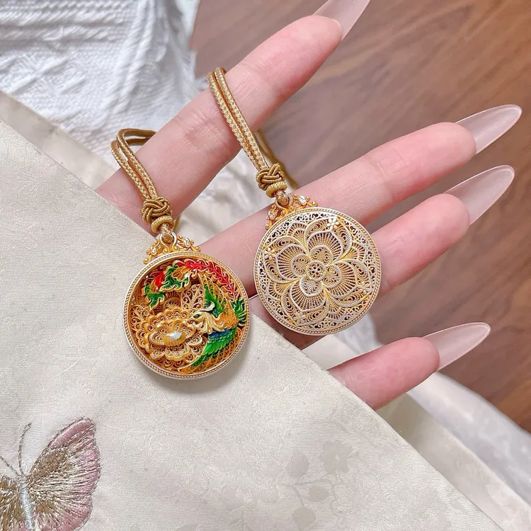 吊坠足银珐琅 足银999.9 描金珐琅凤穿牡丹平安扣套链约17.3g