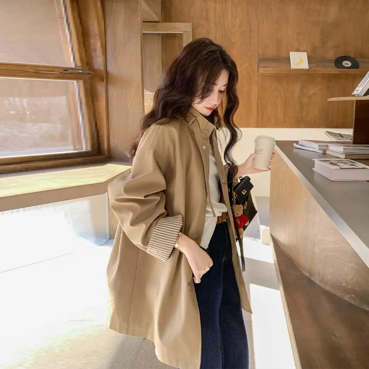 卡其色立领风衣外套女2025春秋新款韩系老钱风气质休闲中长款大衣