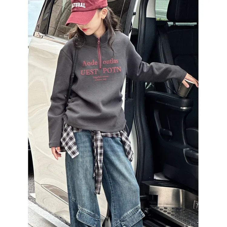 K30076孙小美半高领女童长袖T恤2025秋冬新款儿童加绒加厚打底衫