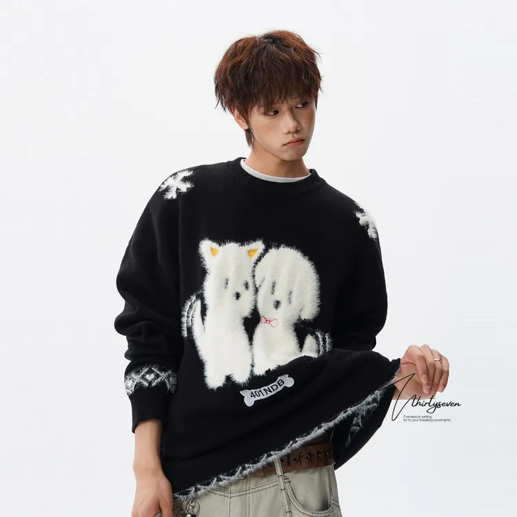 美式潮牌卡通小猫小狗提花情侣毛衣男冬季黑色宽松保暖圆领针织衫