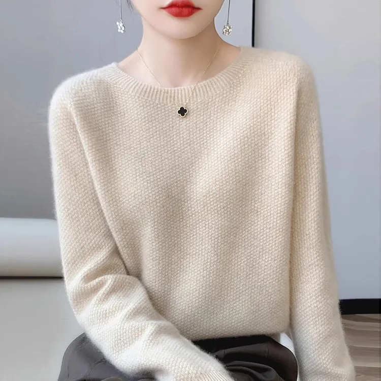 鄂尔多斯市产100羊毛打底衫女内搭针织上衣圆领宽松显瘦百搭毛衣