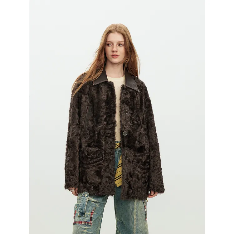 芳芳家 巴恩庄园 自然卷毛翻领小湖羊皮草外套中长款皮毛一体